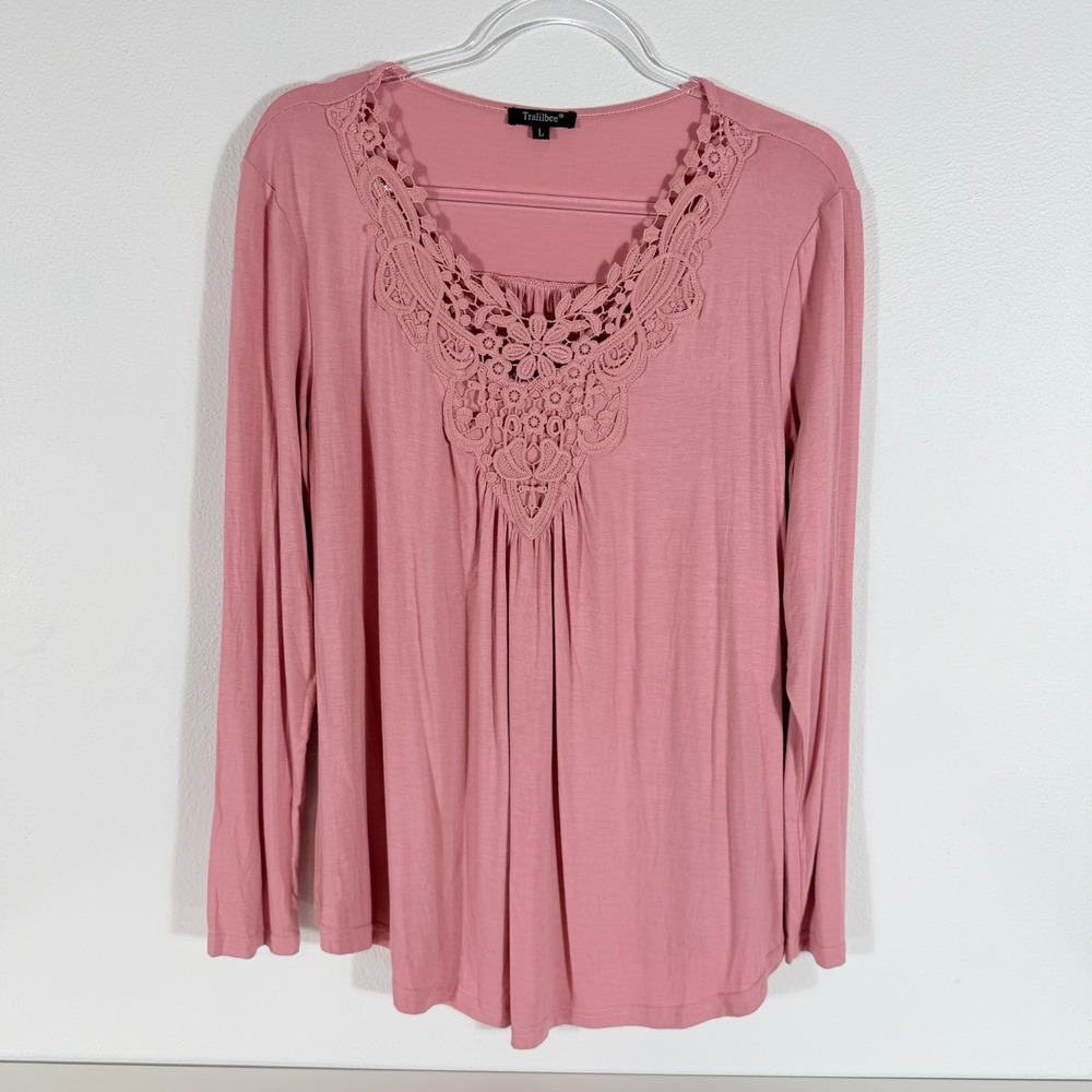 Tralilbee Pink Lace V-Neck Long Sleeve Soft Flowy Stretch Boho Tunic Top Large